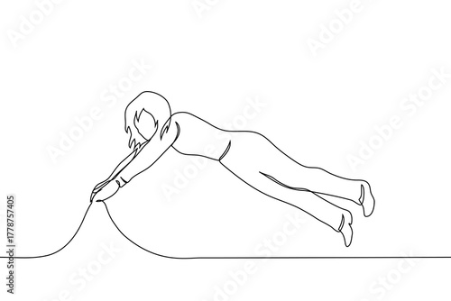 Woman jumping in office clothes with arms outstretched together - one line vector. office worker immerses himself in new job, escapism, overload, immersion in hyperfixation