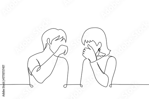 man and a woman laughing or whispering together, covering their mouths with their hands - one line vector. Heterosexual couple, friends, colleagues, gossip, flirting