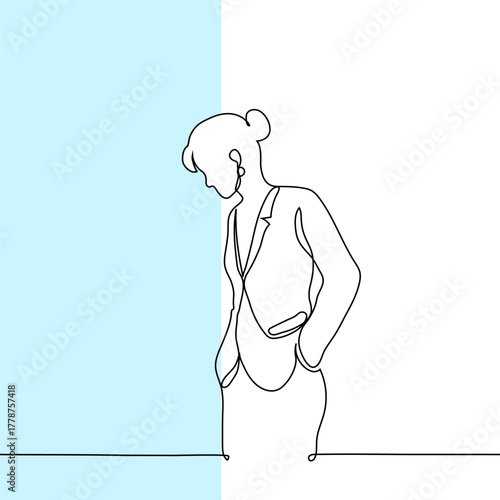 businesswoman peeks from behind a wall - one continuous line vector. Office worker procrastinating, industrial espionage, spying on someone else's business and learning from their mistakes