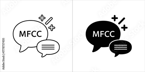 Speech bubble with mfcc text and smaller bubble, representing melfrequency cepstral coefficients in audio processing