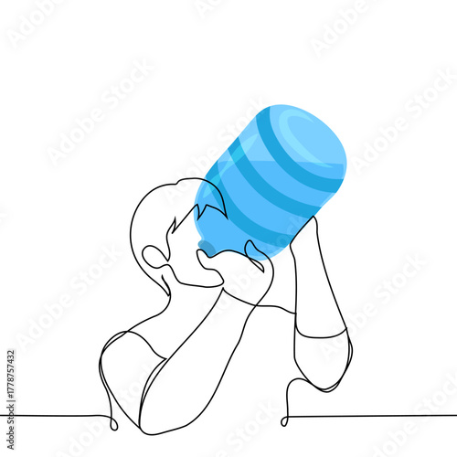 man drinking from a huge five-liter bottle - one line vector. Thirst concept, bottled water, fresh water deficit