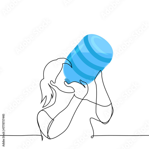 woman drinking from a huge five-liter bottle - one line vector. Thirst concept, bottled water, fresh water deficit