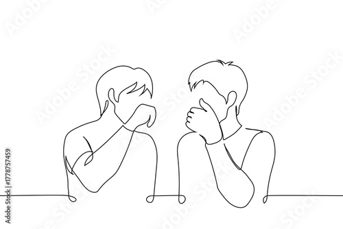 men laughing or whispering together, covering their mouths with their hands - one line vector. friends whisper, colleagues gossip, brothers laugh, flirting, couple