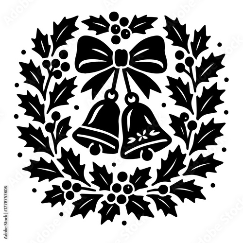 Wreath With Bells And Bow Classic Christmas Door Decoration Silhouette