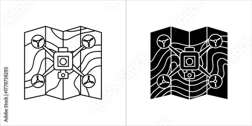 Drone flying over a map, presented in both outline and silhouette style