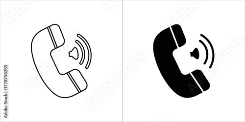 Telephone receiver icon with sound waves, in outline and silhouette