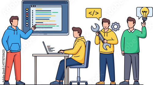 collaborative tech team crafting innovative software, from concept to deployment, isolated on transparent background