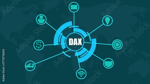 Blue Digital Network Hub with DAX Text and World Map Background stock market finance