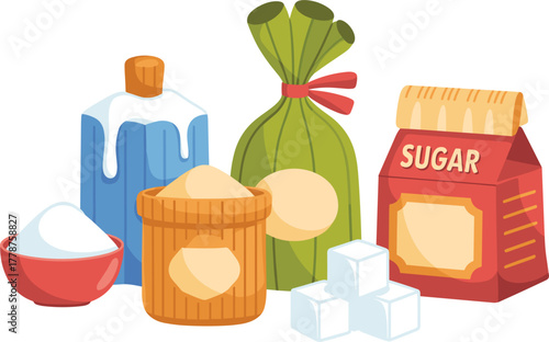 Sugar and Sweetener Product Vector Set - Granulated, Cube, Syrup, and Packaged Sugar - Baking Ingredient Illustration