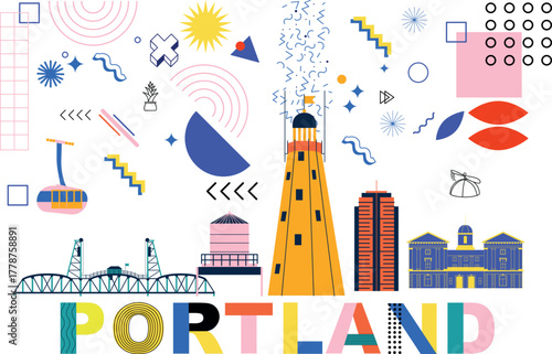 Typography word "Portland" branding technology concept. Collection of flat vector web icons. Culture travel Memphis set, famous architectures, specialties detailed silhouette. American famous landmark