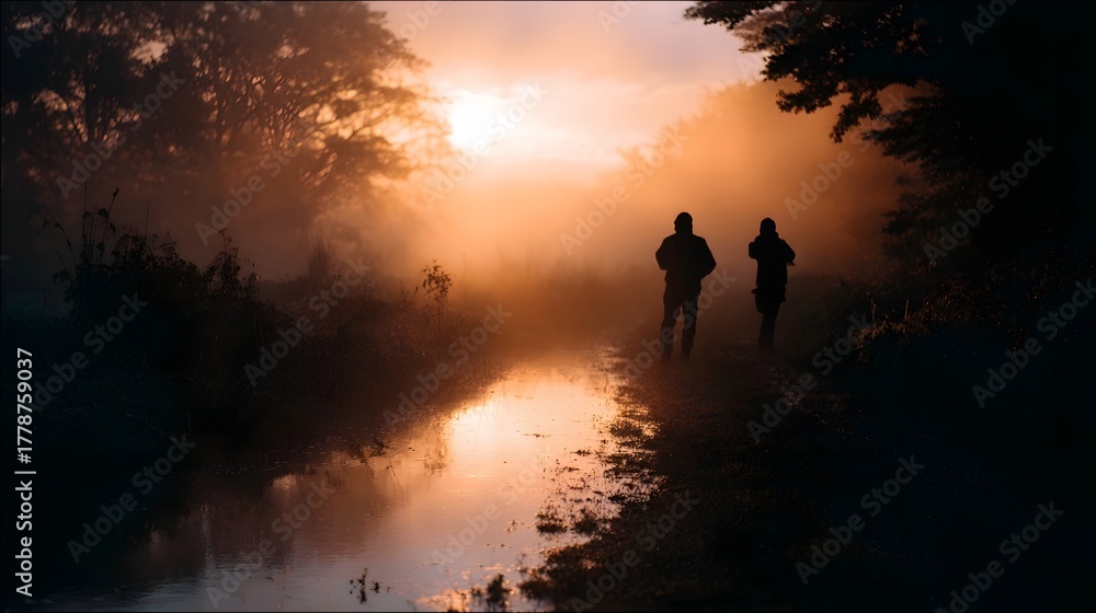 Fototapeta premium Silhouetted figures walk through a misty forest path at sunrise