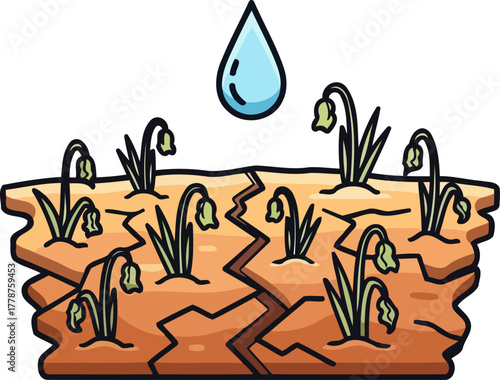 lifes thirst a single drop revitalizes parched earth and wilted plants, isolated on transparent background