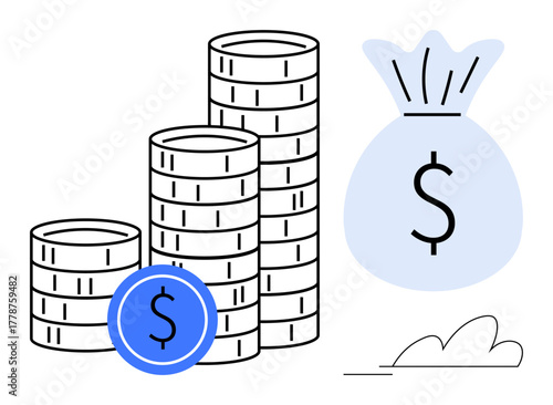 Stacks of coins with a highlighted coin and a money bag convey themes of wealth, savings, business growth, income, finance, success, investment, and monetary stability. A simple flat metaphor