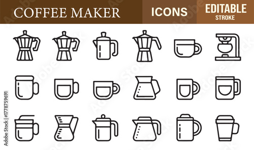Collection of linear coffee maker icons for café branding, drink illustrations, and menu design projects.
