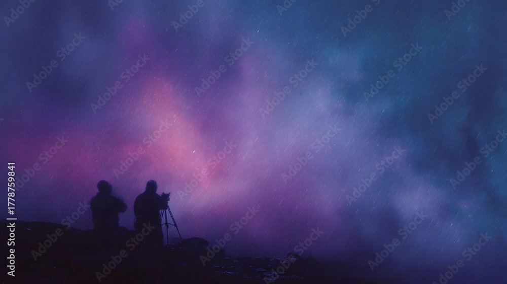 Fototapeta premium Two silhouettes observe a colorful nebula in the night sky with gentle rain