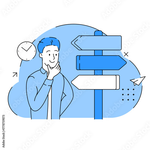 A businessman standing in front of a directional signpost with many arrows pointing in different ways. Sign directions post. Man contemplating life choices and path. Web colors. Vector illustration