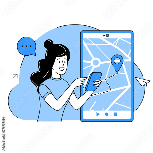 A woman looking at a map on her smartphone. Girl using mobile phone and searching route and location with GPS map app. Girl use smartphone with navigator application. Web colors. Vector illustration