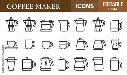Line art collection of coffee brewing tools, mugs, and equipment for barista and café graphics.