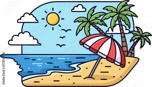 tranquil beach escape a playful illustrated scene of sun, sea, and relaxation, isolated on transparent background
