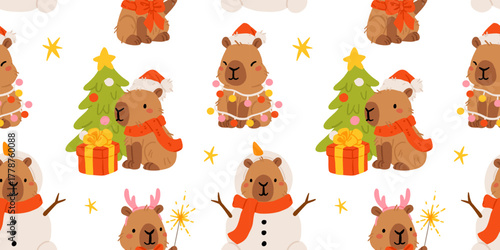 Cute Christmas capybara seamless pattern, funny winter animals with Santa hats, gifts, snowman, Christmas tree, and lights. Cozy holiday background. Flat cartoon vector illustration for New Year