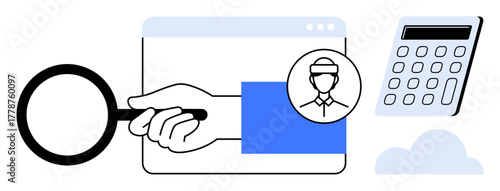 Magnifying glass, browser window, user profile icon, calculator, and cloud element highlight research, analysis, and calculation. Ideal for data exploration, analytics technology business user