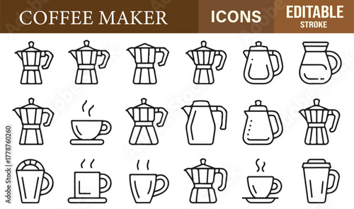 Minimalist stroke vector pack featuring espresso machines, mugs, and kettles for kitchen illustration use.