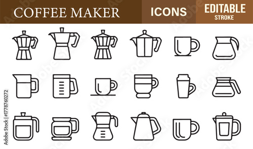 Editable outline vector icons of coffee makers, moka pots, and cups for café and beverage design concepts.