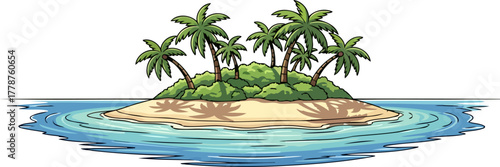 castaways cartoon dream pristine island sanctuary surrounded by gentle ocean waves, isolated on transparent background