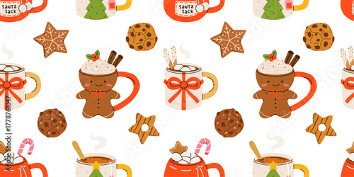 Seamless Christmas pattern with cute mugs of hot chocolate, coffee, whipped cream, gingerbread cookies, and festive sweets. Cozy winter holiday vector illustration.