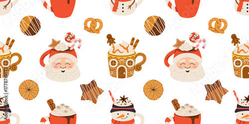 Seamless Christmas pattern with cute mugs of hot chocolate, coffee, whipped cream, gingerbread cookies, and festive sweets. Cozy winter holiday vector illustration.