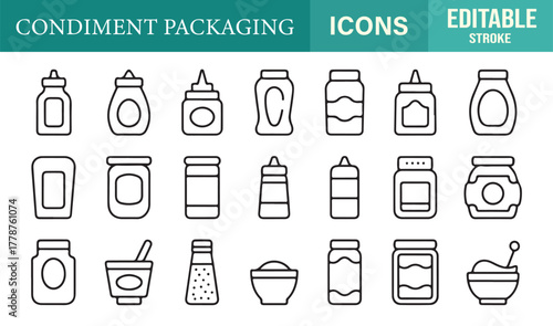 Editable outline vector icons of condiment packaging bottles, jars, and containers for sauce and food design concepts.