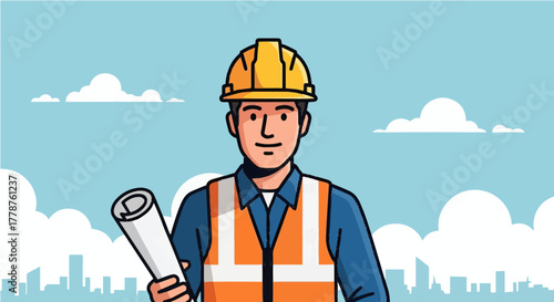 Smiling Construction Worker With Helmet Standing On The Job Site