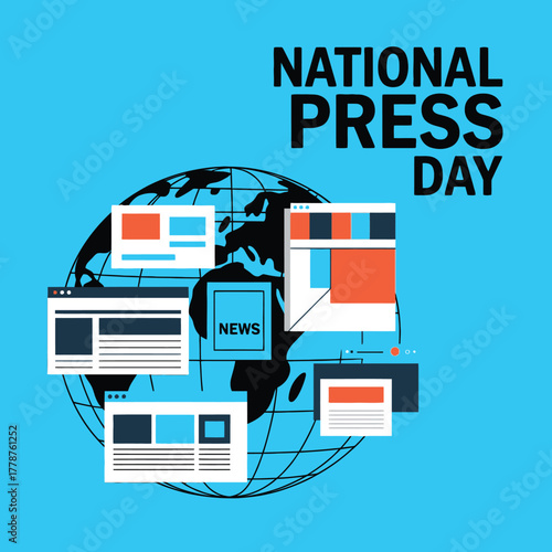National Press Day Vector Illustration with Newspaper, Typewriter and Books