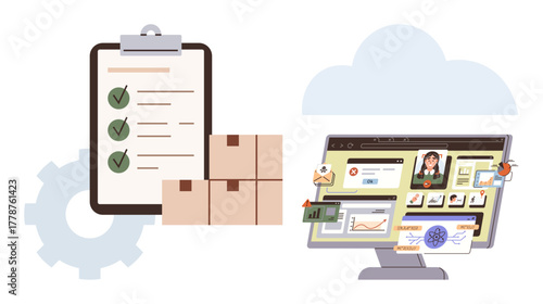 Checklist clipboard with checkmarks, stacked boxes, and computer desktop interface. Ideal for logistics, supply chain, online management, productivity, task tracking workflow and e-commerce. Simple