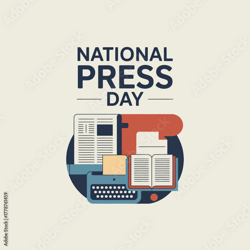 National Press Day Vector Illustration with Newspaper, Typewriter and Books