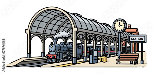 golden age journey classic steam engine prepares for adventure at the iconic station, isolated on transparent background