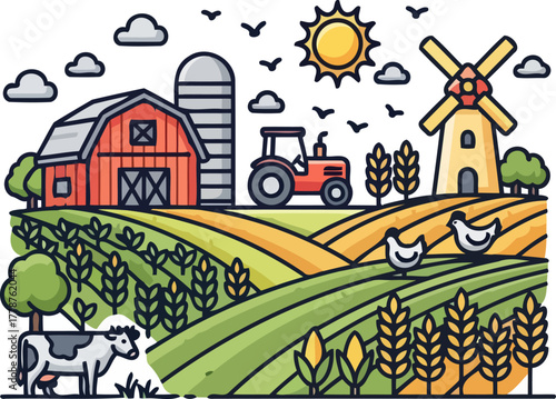 pastoral prosperity vibrant illustration of a thriving farm and fertile lands, isolated on transparent background