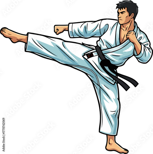 precision power martial artist demonstrates dynamic kick with focused determination and skill, isolated on transparent background