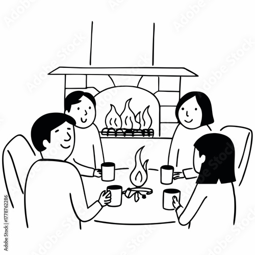 Family gathering around a fireplace, enjoying hot drinks