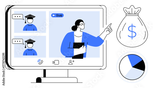 Teacher conducting live online class with students, graduation caps financial growth focus with pie chart, money bag. Ideal for e-learning, virtual training, financial education, remote work