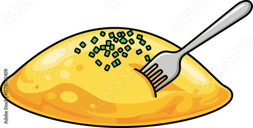 the golden cloud a fork breaks into a warm, savory omelet delight, isolated on transparent background
