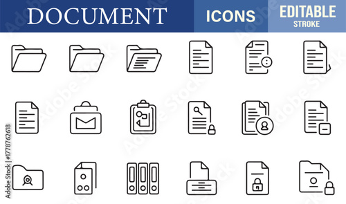 Minimalist editable stroke icons representing paperwork, records, and archives for office vector illustrations.