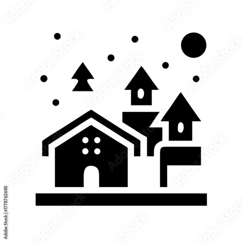Winter village scene with houses and snow