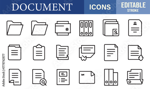 Vector line icon set showing document files, clipboards, and folders for corporate and administrative purposes.