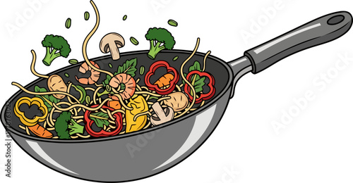 wok toss fresh ingredients leap from the pan, crafting a dynamic, flavorful meal, isolated on transparent background