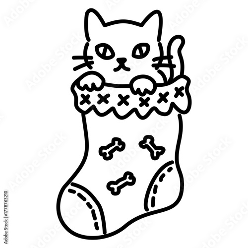 Cute Gothic Cat in Christmas Stocking Line Art Illustration Kawaii Spooky Holiday Character Cozy Stocking Doodle for Coloring Pages Stickers and Craft Designs