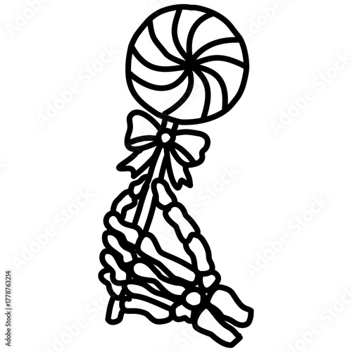 Kawaii Skeleton Hand Holding Lollipop Line Art Illustration Cute Gothic Holiday Sweet Treat Spooky Candy Doodle for Coloring Pages Stickers and Craft Designs