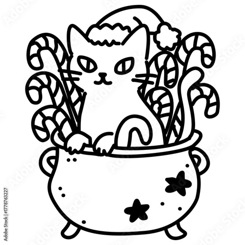 Adorable Gothic Cat in Cauldron Line Art Illustration Kawaii Spooky Christmas Character Cute Kitty with Candy Canes Doodle for Coloring Pages Stickers and Crafts