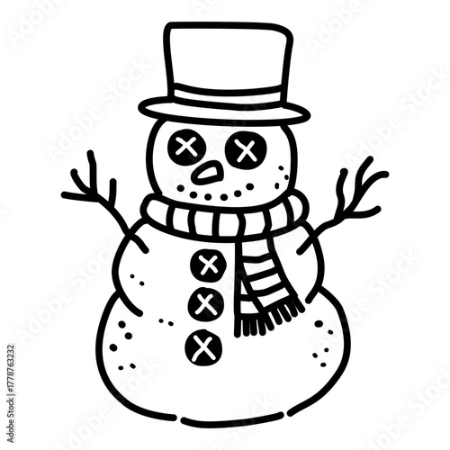 Kawaii Gothic Snowman Line Art Illustration Cute Spooky Christmas Character Winter Holiday Doodle for Coloring Pages Stickers and Craft Designs