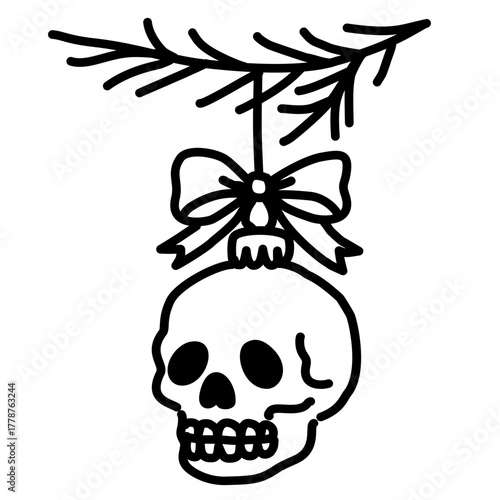 Kawaii Skull Ornament Hanging from Branch Line Art Illustration Cute Gothic Christmas Decoration Spooky Bauble Doodle for Coloring Pages Stickers and Craft Projects